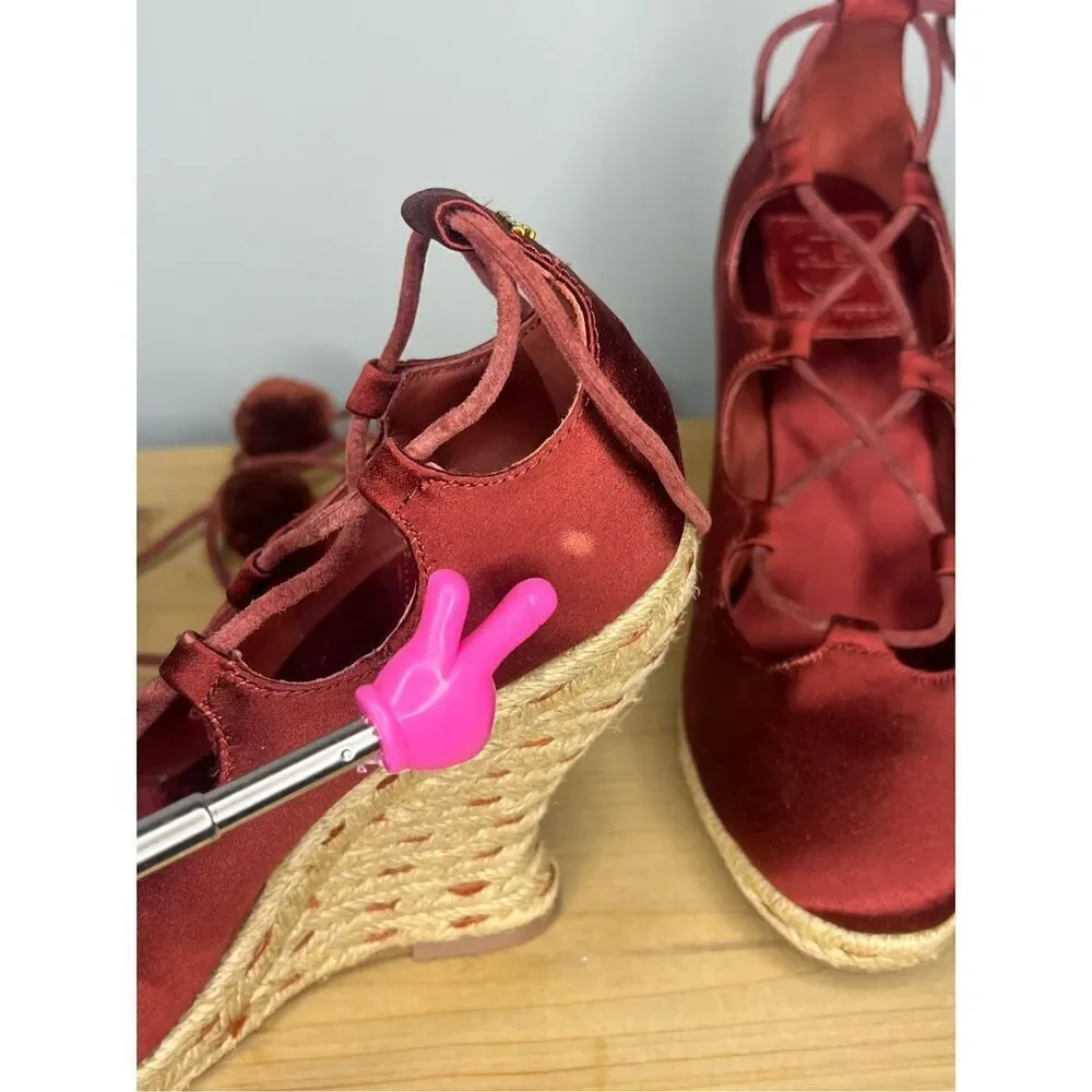 Tory Burch‎ Women's High Heels Wedge Espadrilles Pompoms Satin Merlot Shoes 5.5